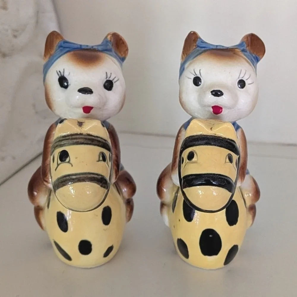 Vintage Japan Anthropomorphic Bears on Horse Floaties Salt and Pepper Shaker Set